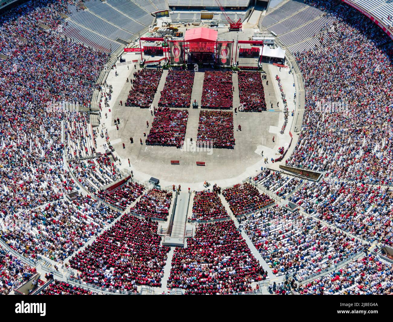 Aerial photograph of graduation ceremony at Camp Randall Stadium, University of Wisconsin-Madison, Madison, Wisconsin, USA. 14 May 2022. Stock Photo