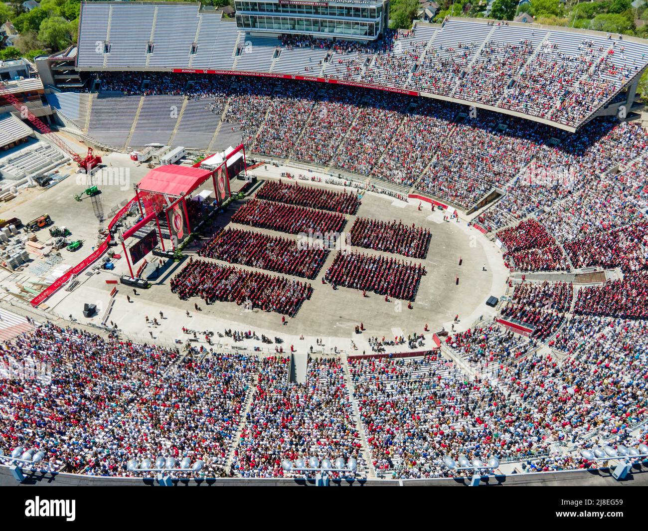 Aerial photograph of graduation ceremony at Camp Randall Stadium, University of Wisconsin-Madison, Madison, Wisconsin, USA. 14 May 2022. Stock Photo