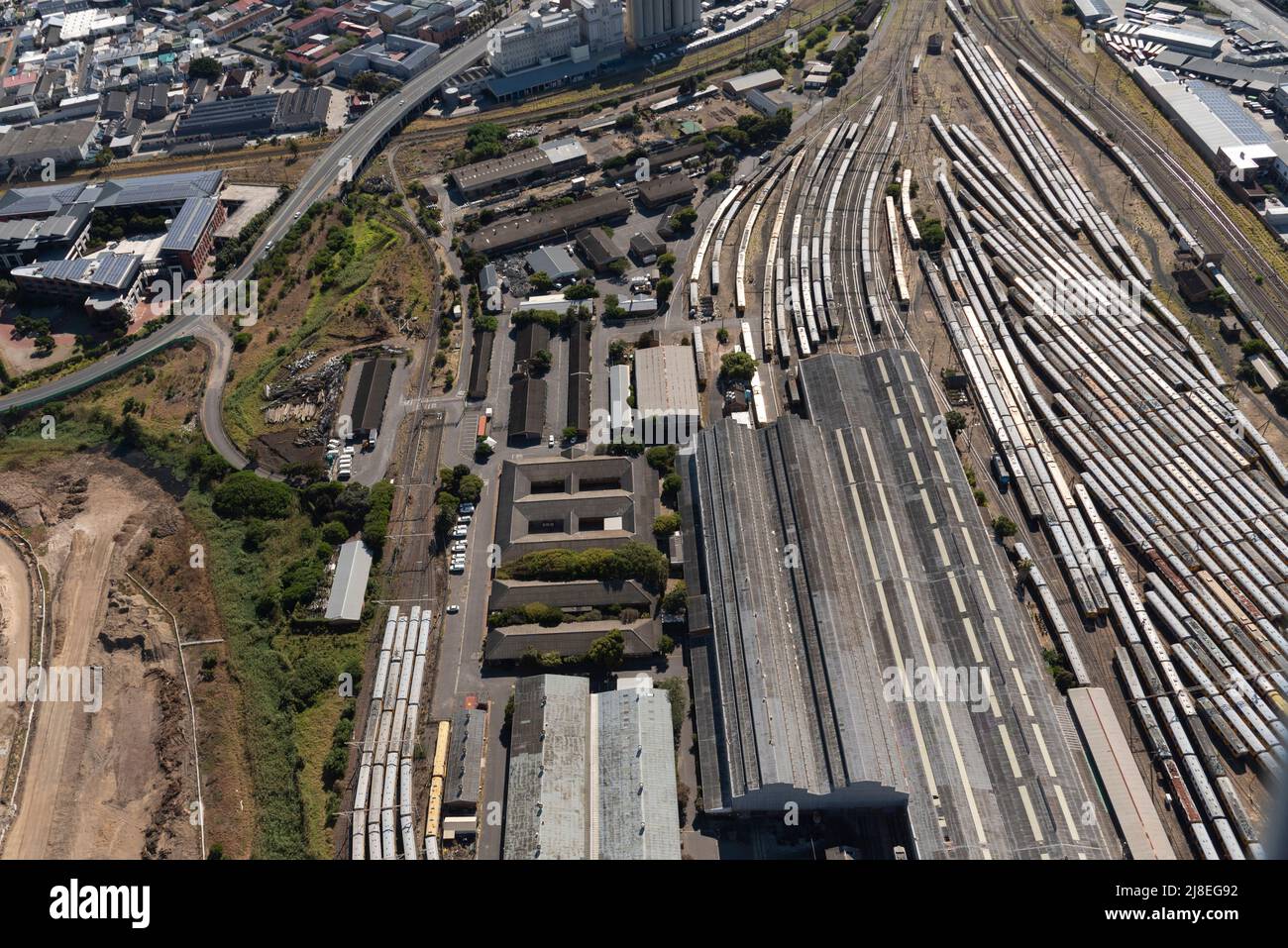 Cape Town, South Africa. 2022. Aerial view of trains and the railway