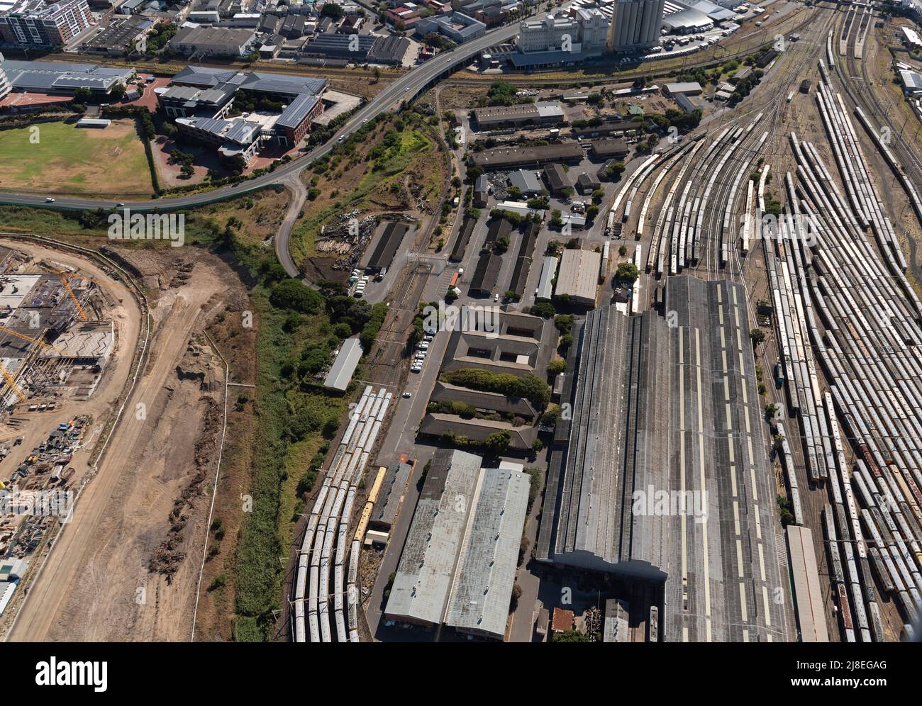 Cape Town, South Africa. 2022. Aerial view of trains and the railway