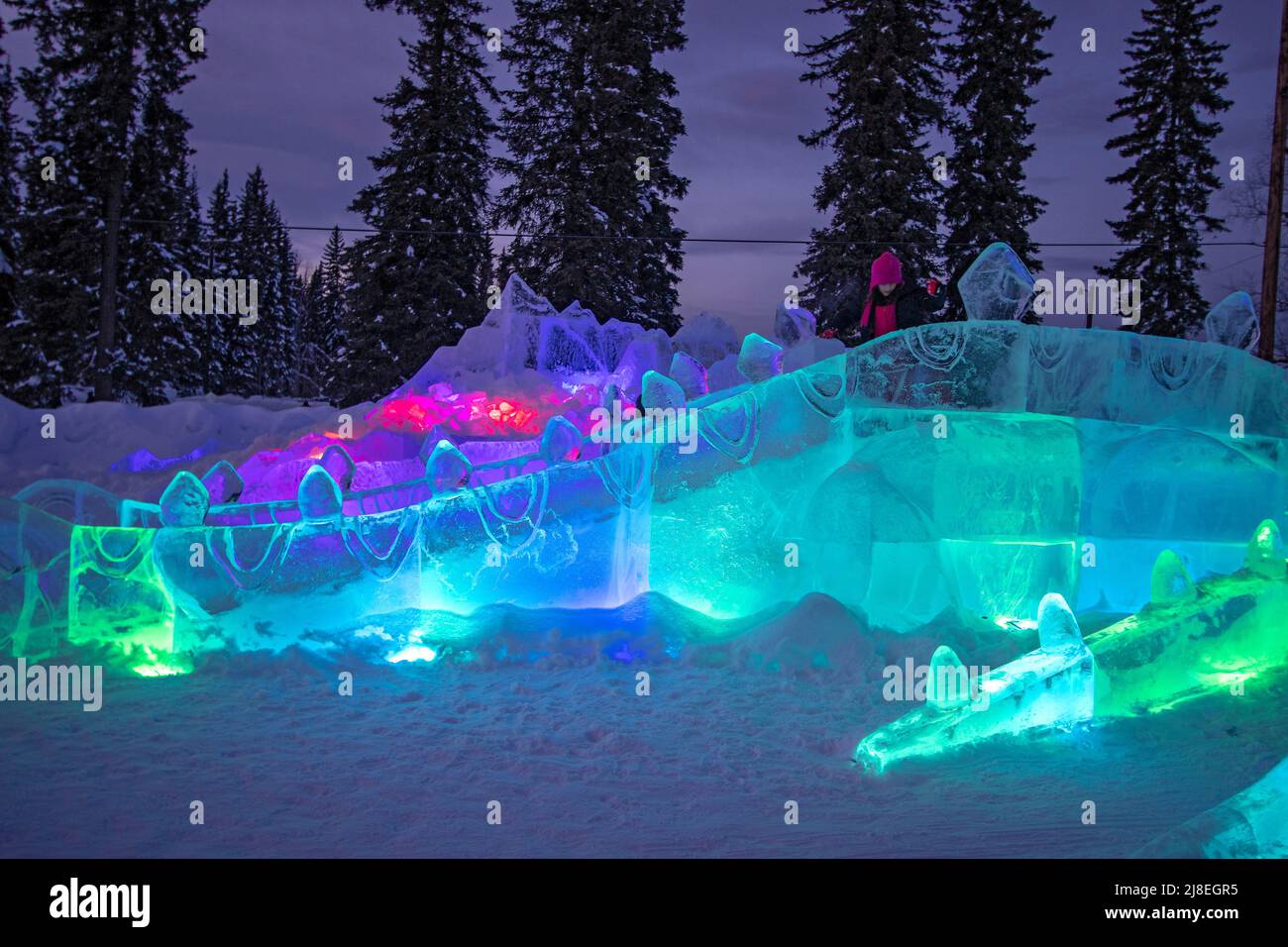 Dragon slide carved of ice at World Ice Art Championships outside Fairbanks, AK Stock Photo