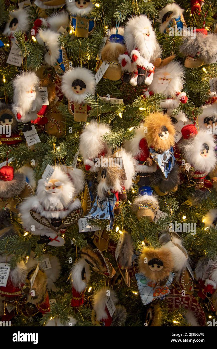 Decorations on Christmas tree at Santa Claus House in North Pole, AK, near Fairbanks, AK. Stock Photo