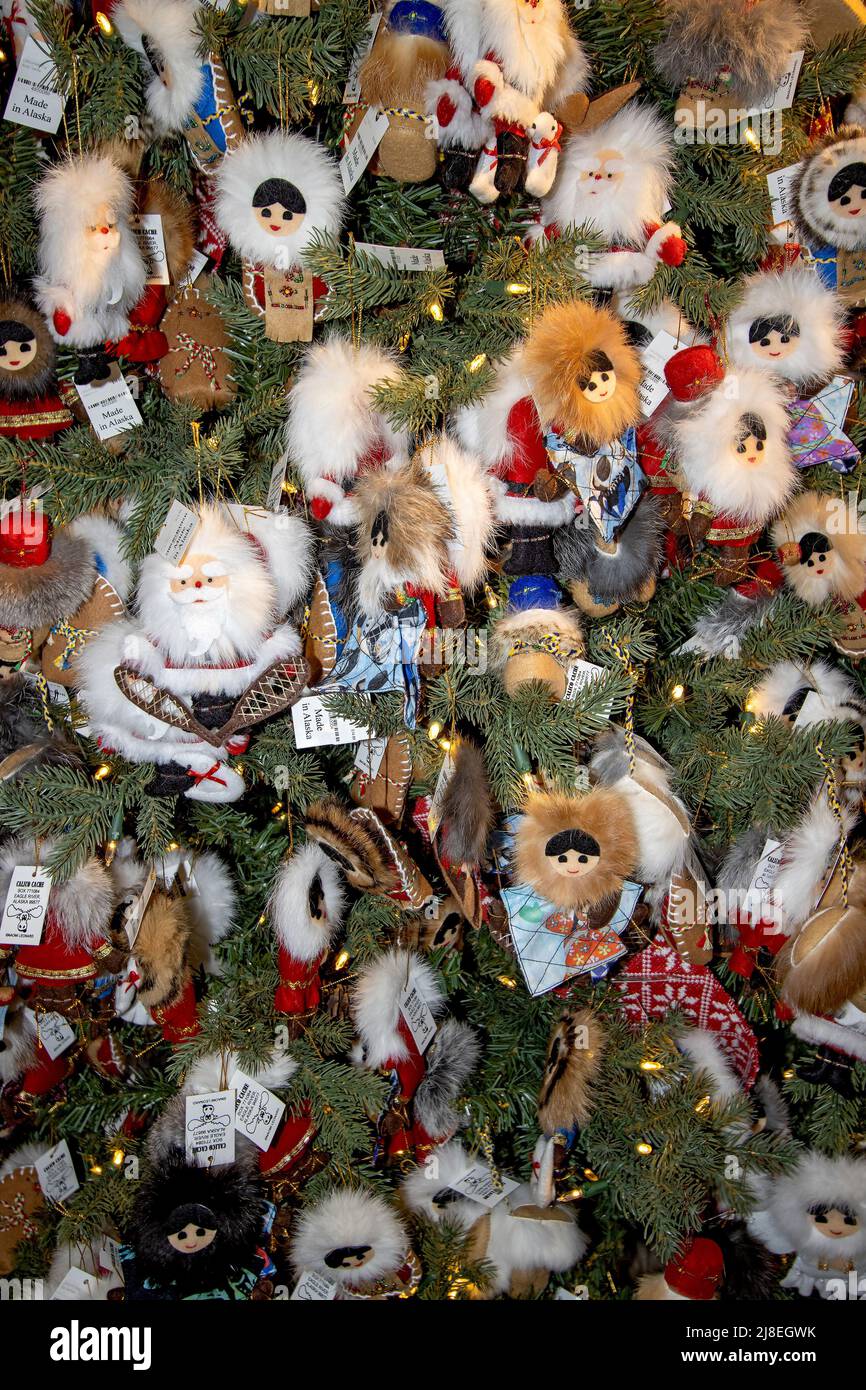 Decorations on Christmas tree at Santa Claus House in North Pole, AK, near Fairbanks, AK. Stock Photo