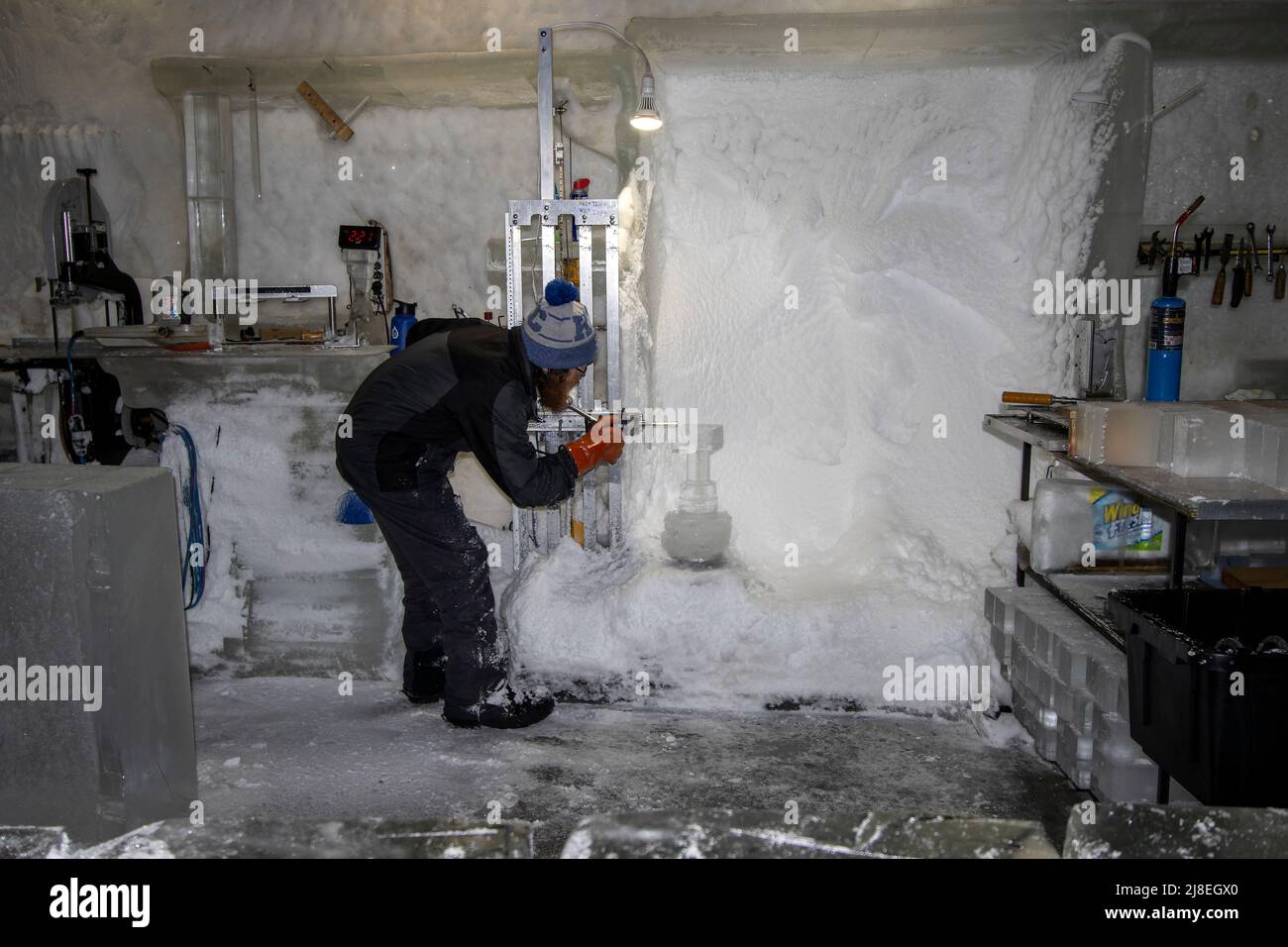 Ice sculpting in the Aurora Ice Museum at Chena Hot Springs Resort outside Fairbanks, AK. Stock Photo