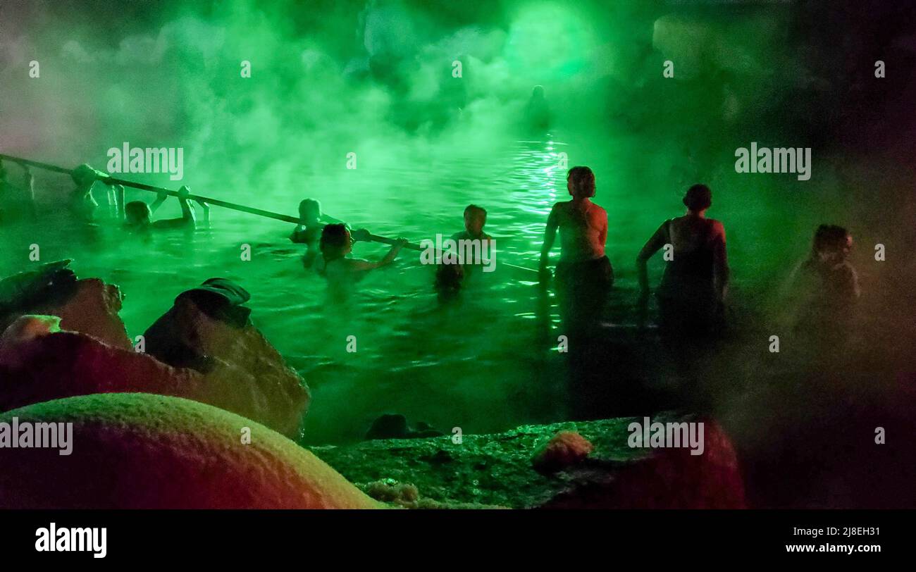 Soaking in the steaming waters of Chena Hot Springs Resort outside Fairbanks, AK. Stock Photo