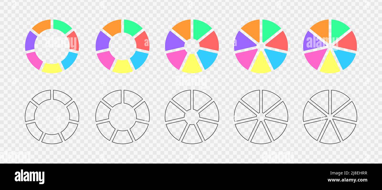 Donut charts divided in 7 multicolored and graphic segments