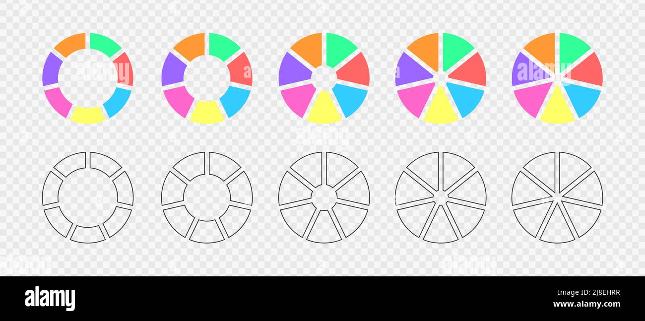 Donut charts divided in 7 multicolored and graphic segments. Infographic wheels set. Round diagrams or loading bars cut in seven equal parts. Vector flat and outline illustration. Stock Vector