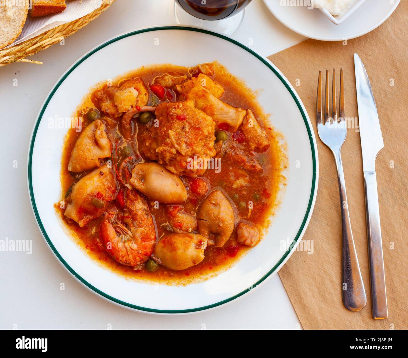 Spanish seafood zarzuela with fish, sea molluscs and crustaceans Stock