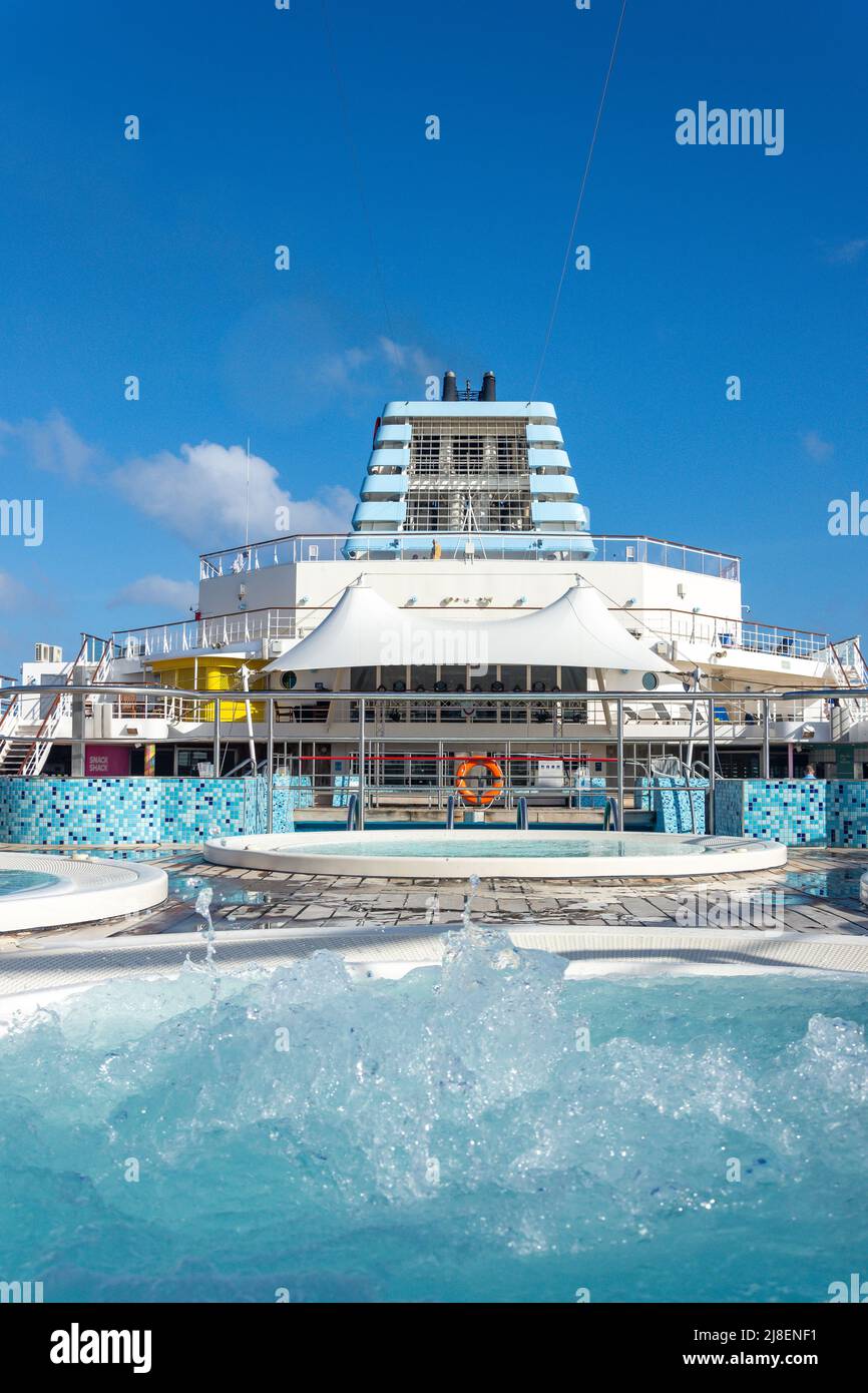 Jacuzzis on pool deck on Marella Explorer 2 cruise ship, Carbbean Sea, Greater Antilles, Caribbean Stock Photo