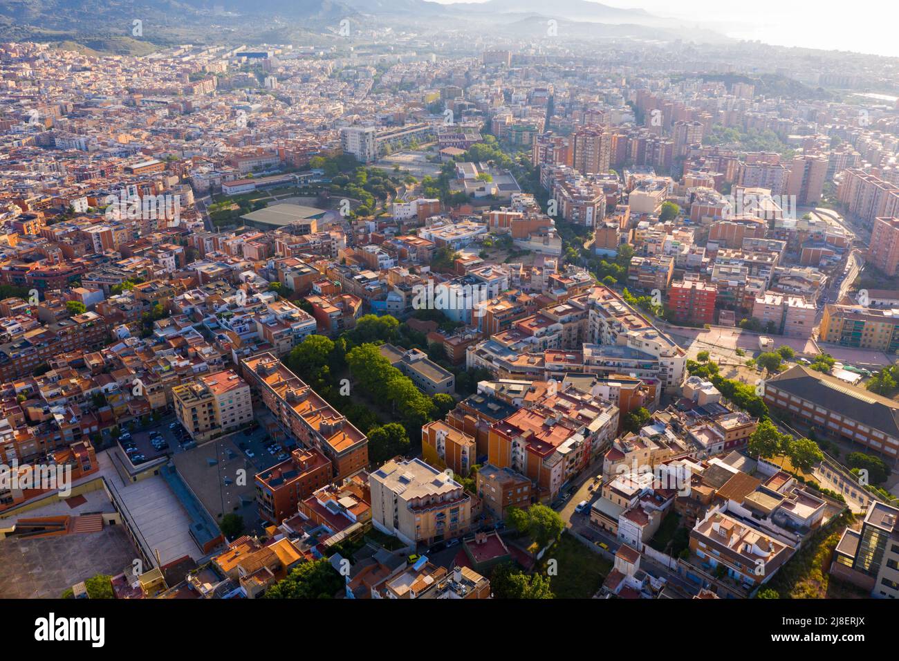 Santa Coloma de Gramenet with a apartment buildings and Besos river Stock Photo
