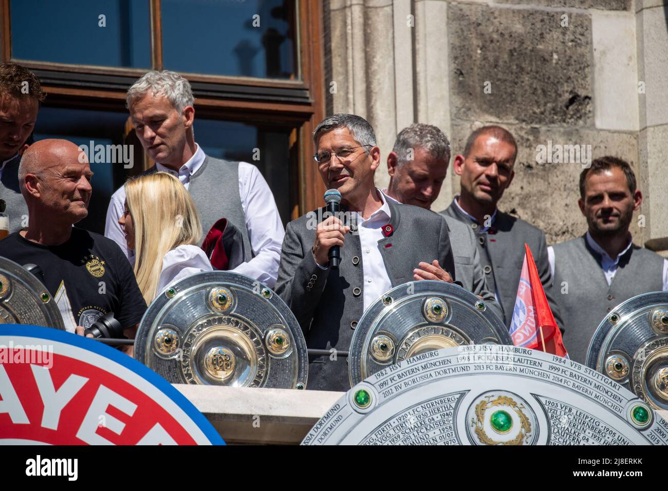Munich, Germany. 15th May, 2022. President Herbert Hainer at the celebrations of the FC Bayern Munich on May 15, 2022 on the Marienplatz in Munich, Germany. The FC Bayern won their 10th consecutive Bundesliga title. (Photo by Alexander Pohl/Sipa USA) Credit: Sipa USA/Alamy Live News Stock Photo