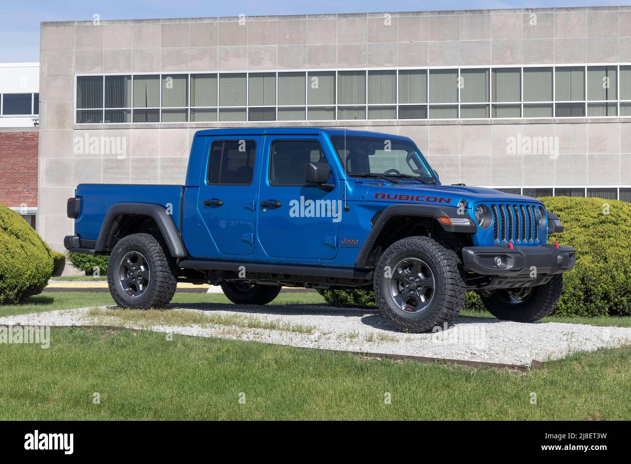 Kokomo - Circa May 2022: Jeep Gladiator display at the transmission plant. The Jeep Gladiator models include the Sport, Willys, Rubicon and Mojave. Stock Photo