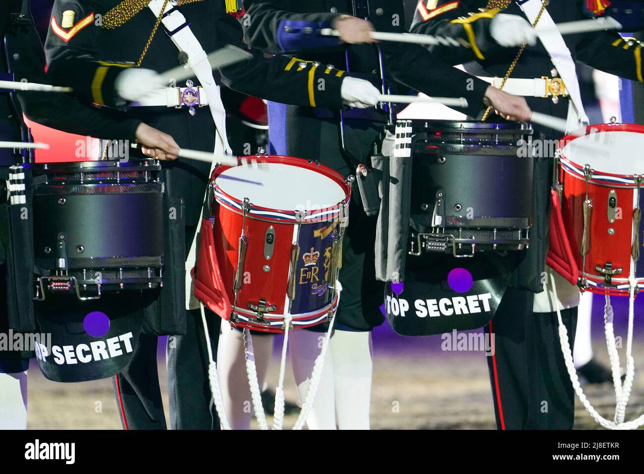 Top Secret Drum Corps perform with Royal Marines Corps of Drums during