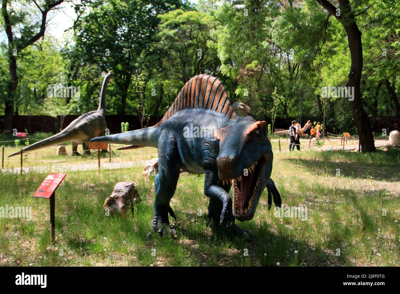 Odessa, Ukraine. 15th May, 2022. Large dinosaur figures seen in in Preobrazhensky park, also known as 'Dinopark'. Dinosaurs were reproduced realistically and robotised. They make different sounds, blink their eyes, raise their chest during breathing and move. Close to each dinosaur there is a stand with detailed information about it. Visitors do not only walk among the giant reptiles, but also gain new knowledge about the past of our planet. (Photo by Viacheslav Onyshchenko/SOPA Images/Sipa USA) Credit: Sipa USA/Alamy Live News Stock Photo
