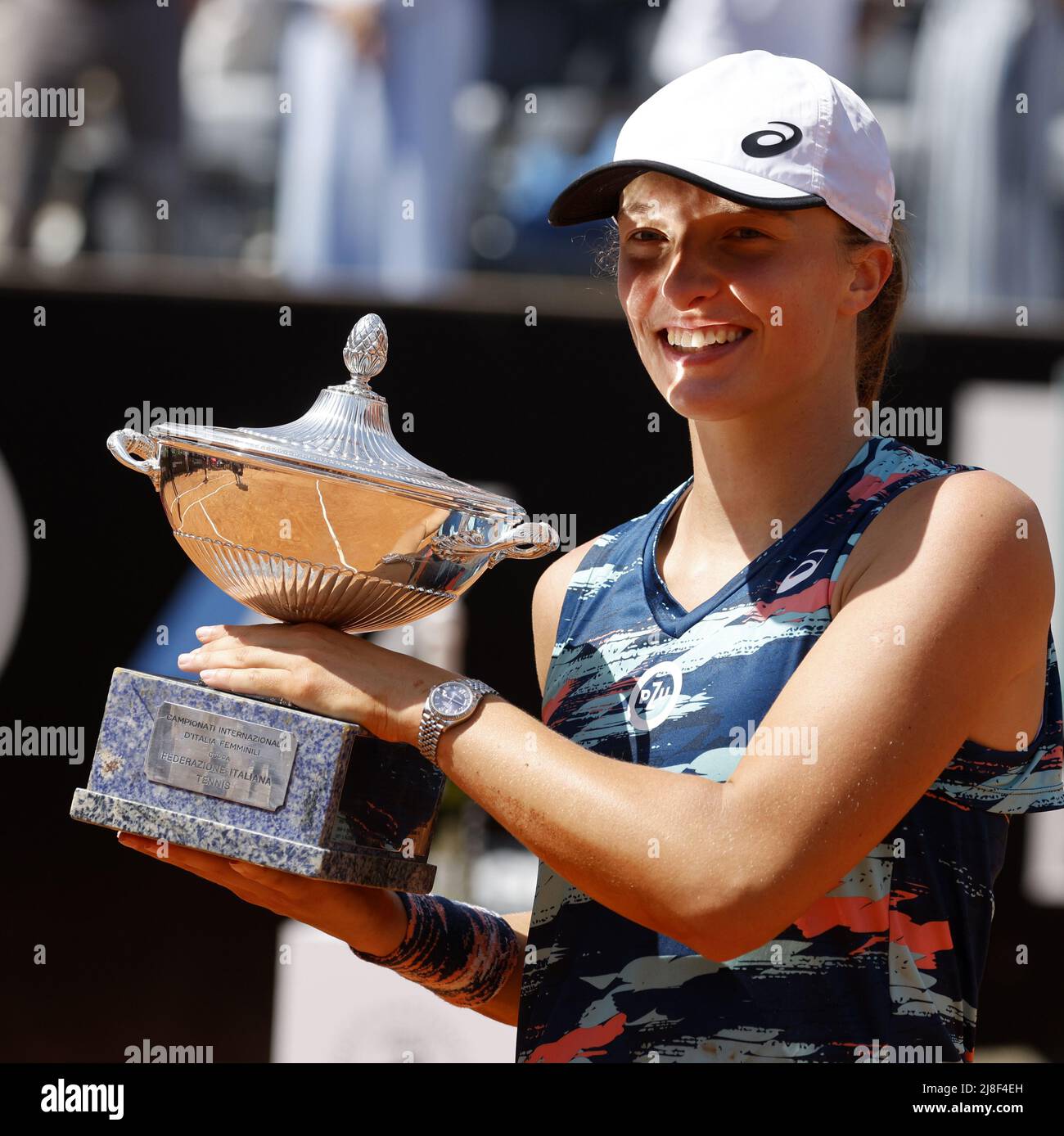 Rome, Italy. 15th May, 2022. Iga Swiatek of Poland holds the trophy during  the awarding ceremony after the women's singles final match of Italian Open  tennis tournament between Iga Swiatek of Poland