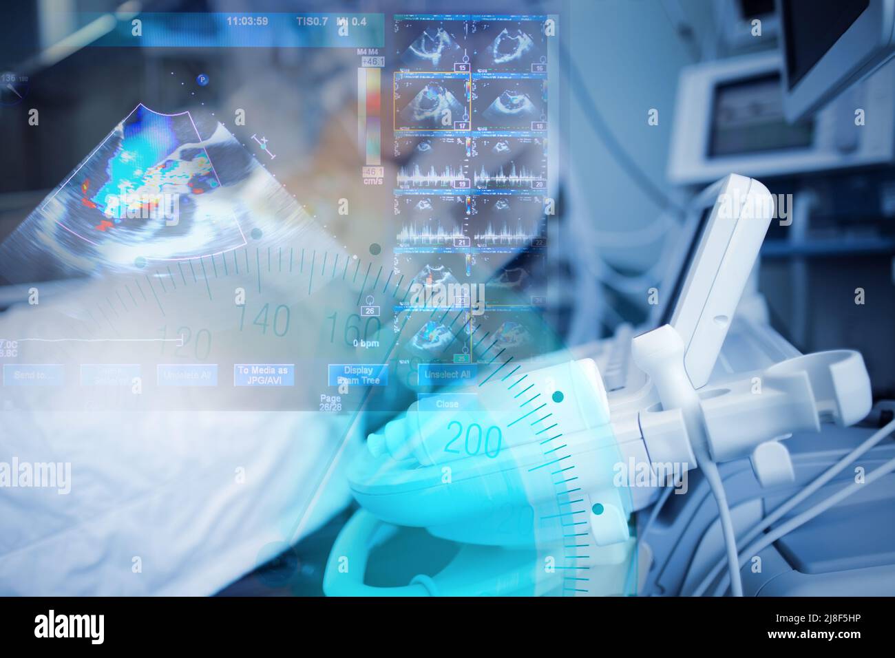 Examination at the patient's bedside in ICU. Abstract projection of the