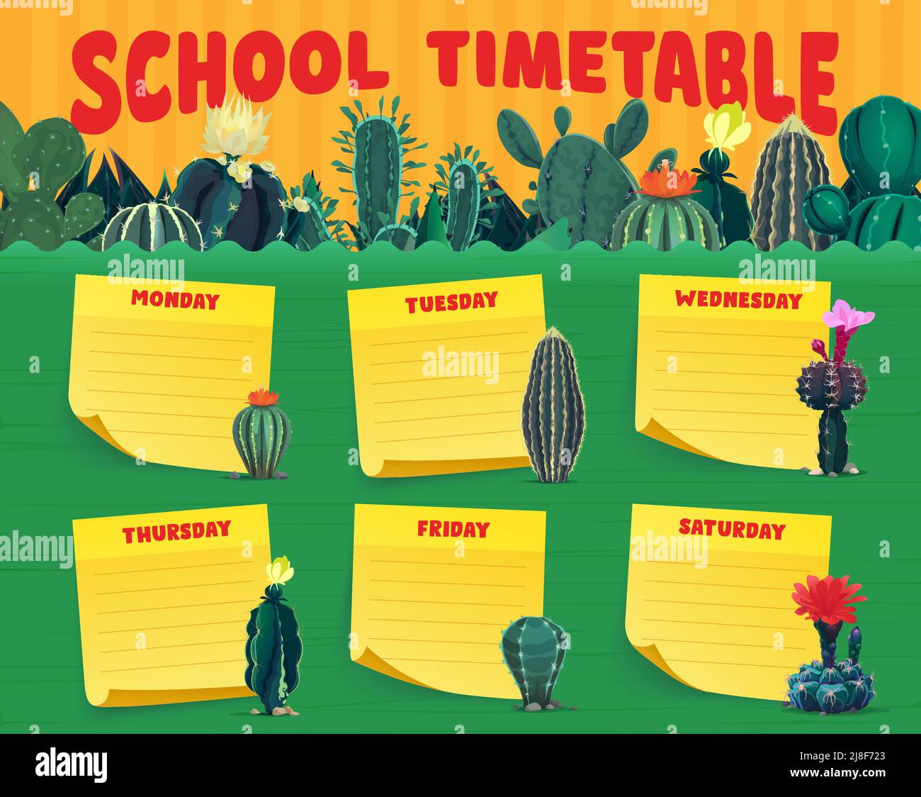 Timetable schedule with mexican cacti succulent plants border. Vector