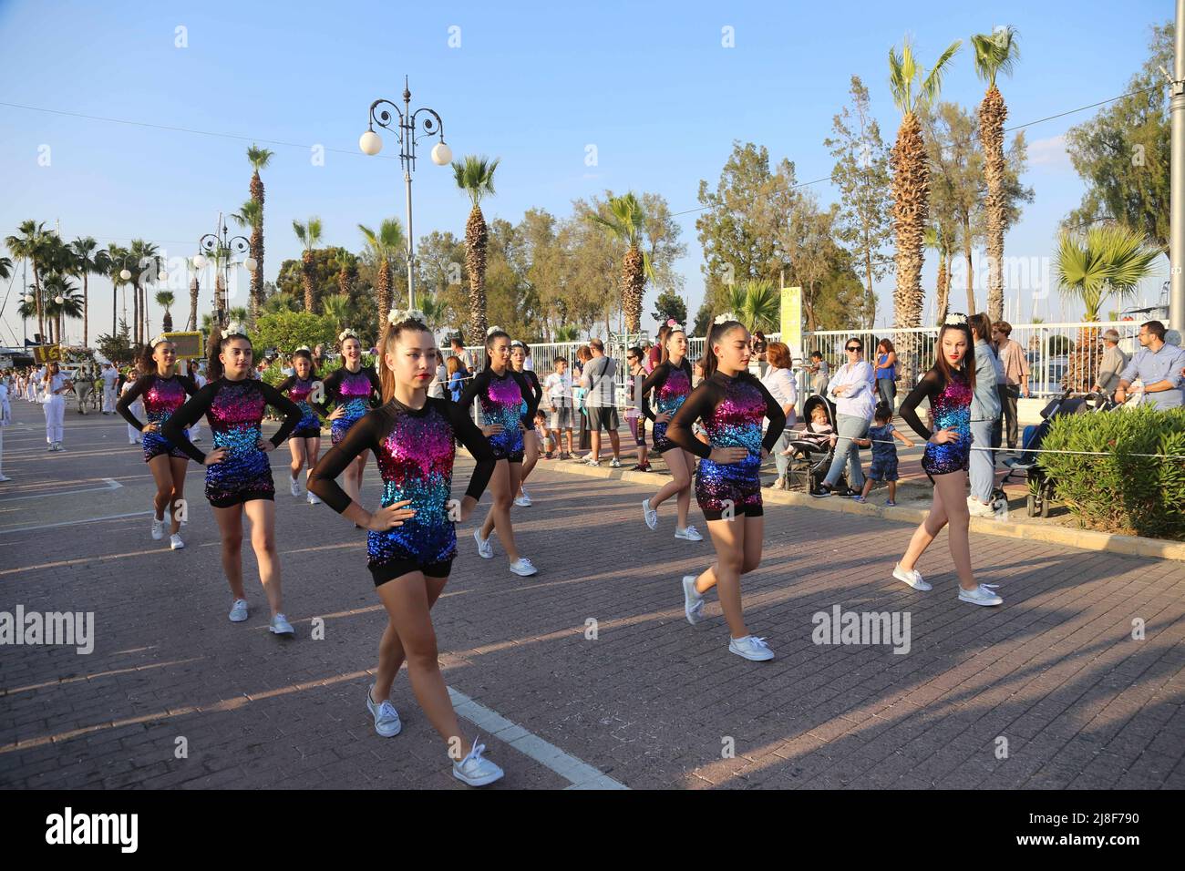 Larnaca, Cyprus. 15th May, 2022. Girls attend a parade during a flower