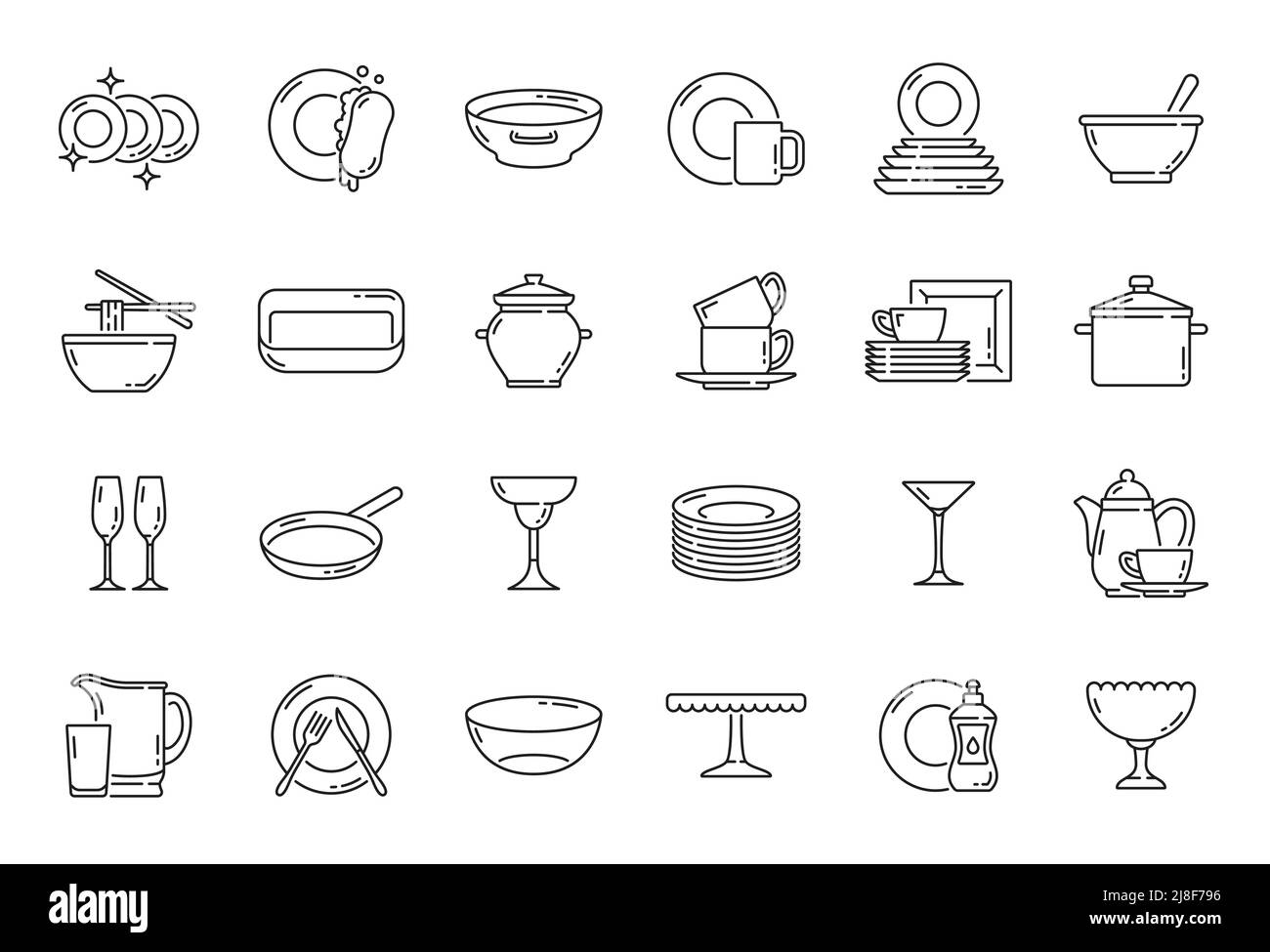 Kitchen plates, dishes and utensil outline icons, vector dishware