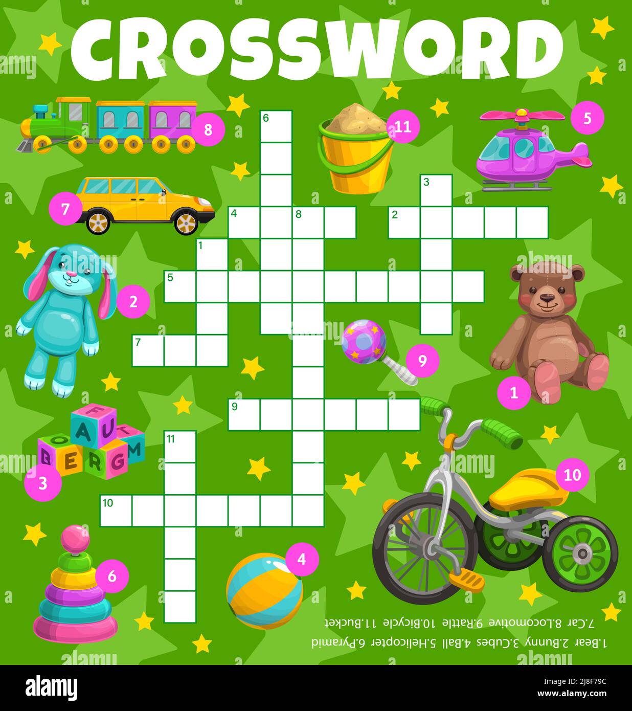 Cartoon kids toys vector crossword worksheet. Find a word quiz game