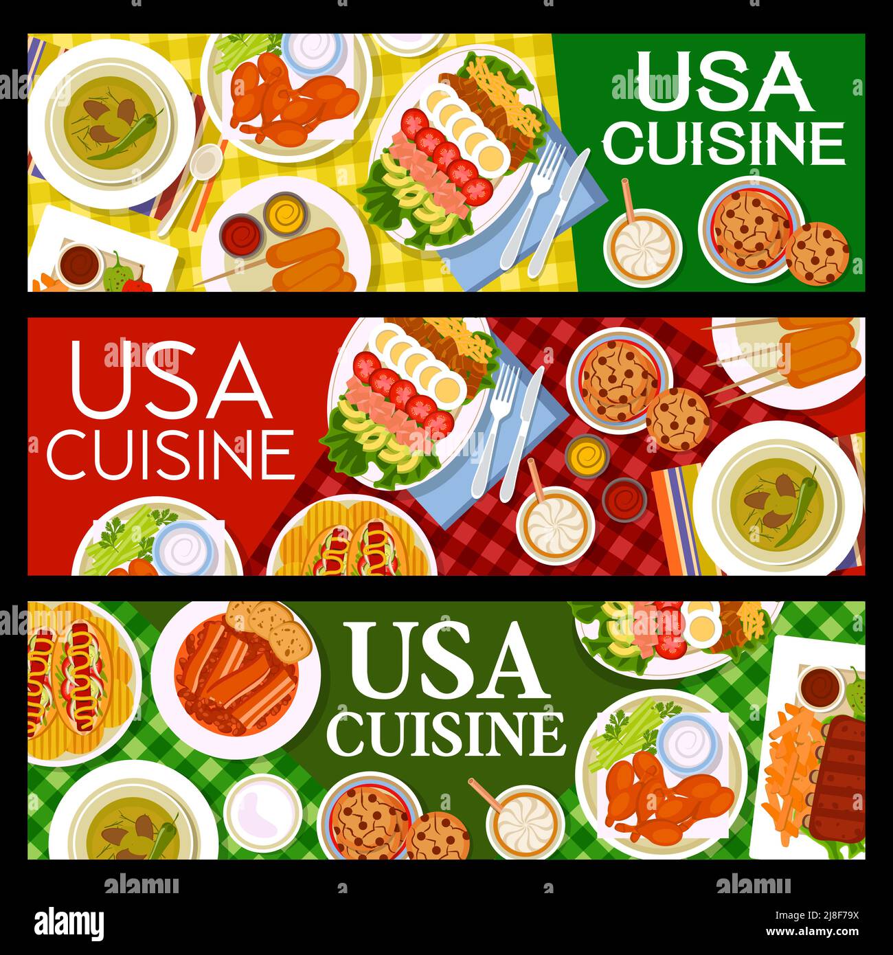 USA cuisine restaurant meals and dishes banners. Grilled ribs, cobb salad and marinated olives with chilli, beans with bacon, corn dogs and cookies with chocolate drops, BBQ chicken, hot dogs vector Stock Vector