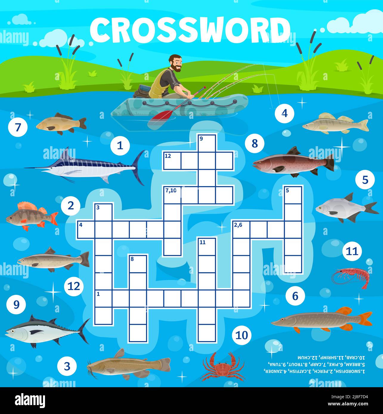 Fish and fishing sport, crossword puzzle game grid, quiz worksheet. Vector riddle with fisherman on boat catch swordfish, perch, catfish, zander, bream, pike, carp, trout, tuna, crab, shrimp and chum Stock Vector