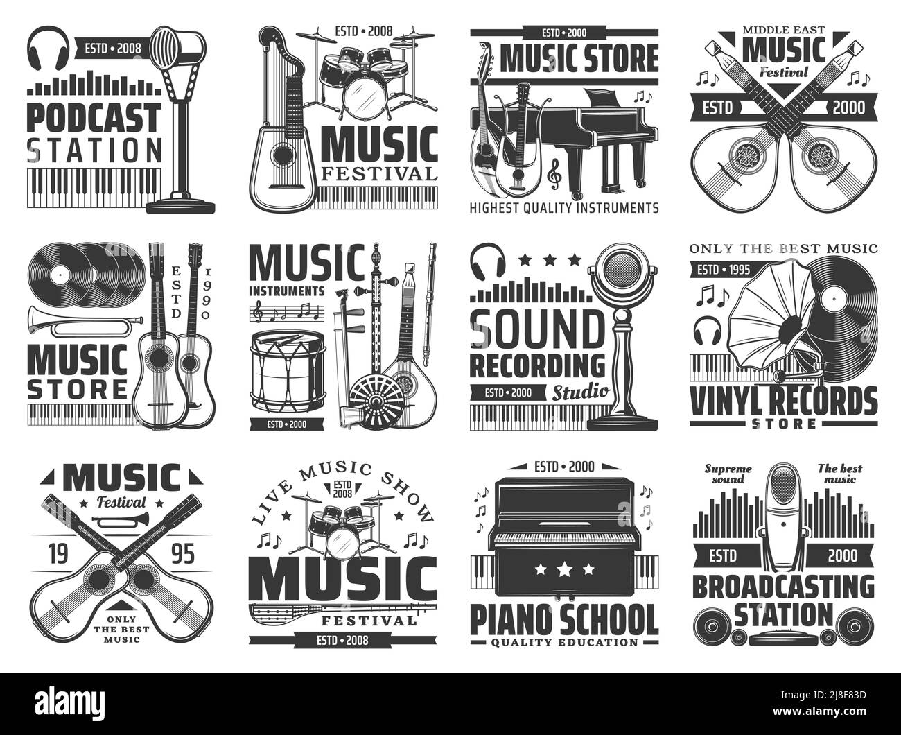 Music isolated vector icons with musical instruments, microphones, vinyl records and notes. Guitar, piano, drum, headphones and retro gramophone, tube, flute, lute and saz, harp guitar and shamisen Stock Vector