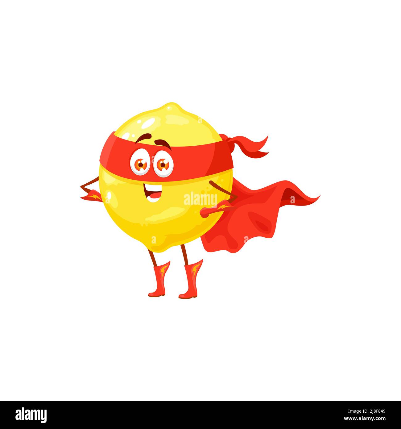 Cute cartoon lemon fruit, superhero character, vector food power