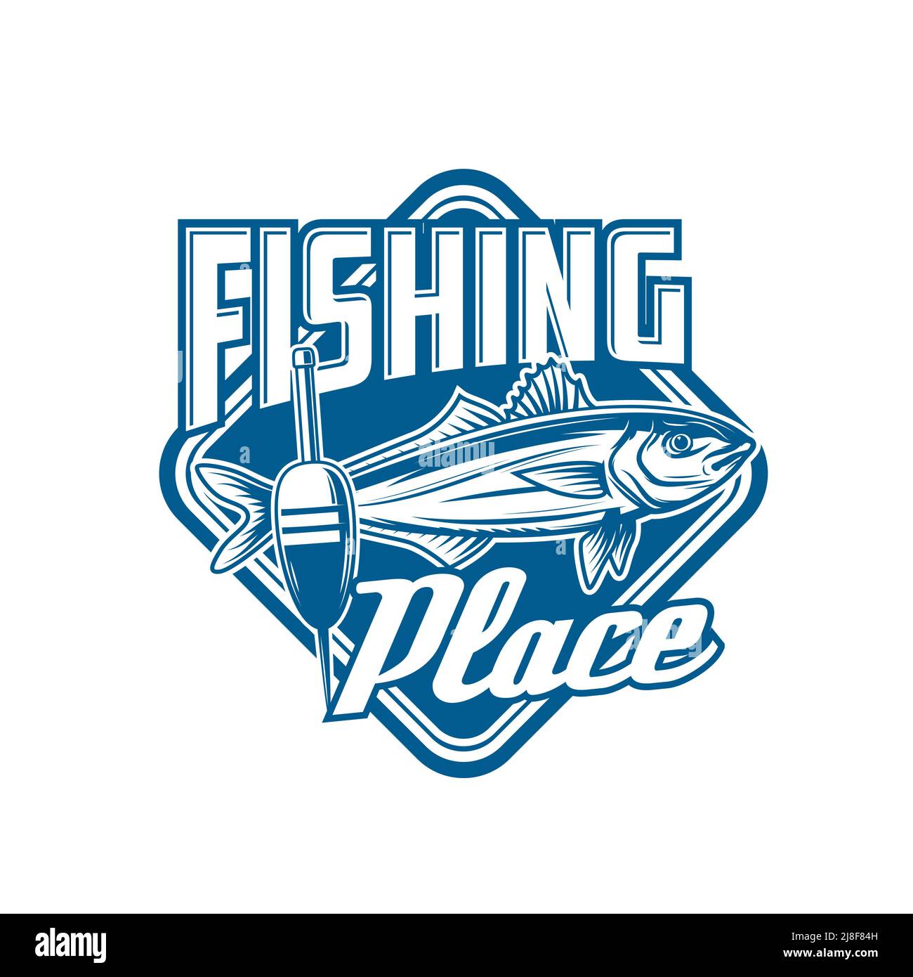 Fishing sport icon with mackerel and float. Fishing club emblem