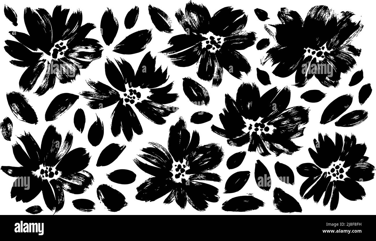 Hand drawn black brush flower vector silhouettes. Stock Vector