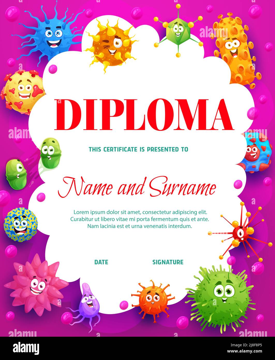 Graduation Germs Cartoon funny viruses, microbes, bacteria, pathogen. Medical diploma ...