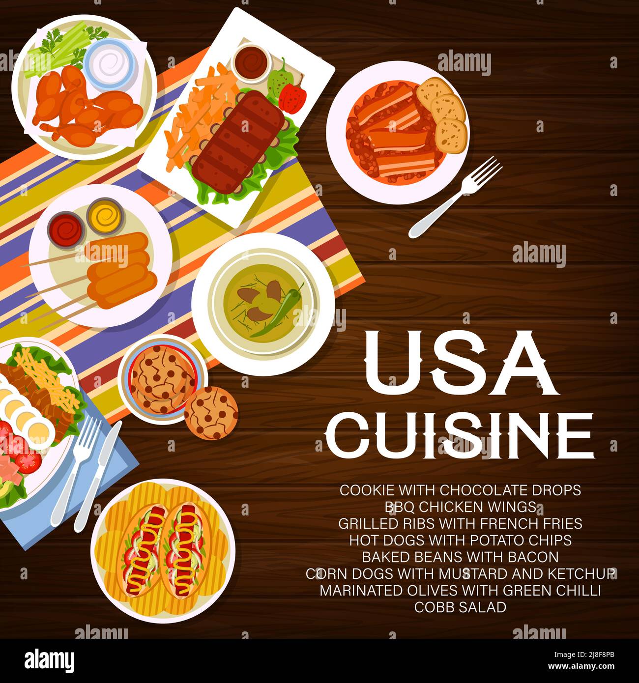 USA food meals, dishes menu cover. Grilled ribs with french fries ...