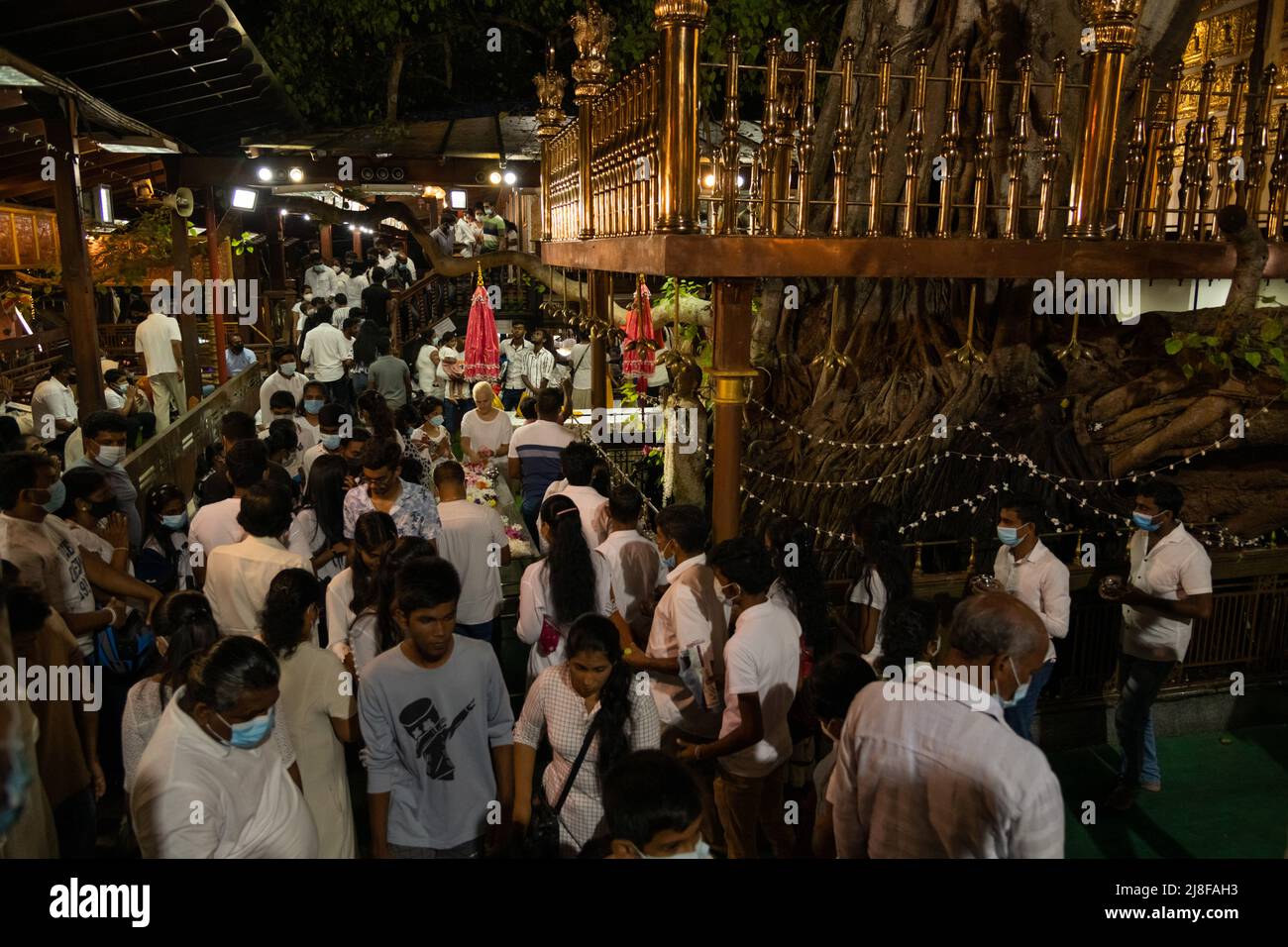 Colombo, Sri Lanka. 15th May, 2022. Buddhist devotees pray at a temple during Vesak Day celebrations in colombo, a festival also known as annual Buddhist festival of Vesak in Colombo on May 15 2022. - Sri Lankan Buddhists are preparing to celebrate Vesak, which commemorates the birth of Buddha, his attaining enlightenment and his passing away on the full moon day of May which falls on may 15 this year. (Photo by Vimukthi Embuldeniya/Pacific Press) Credit: Pacific Press Media Production Corp./Alamy Live News Stock Photo