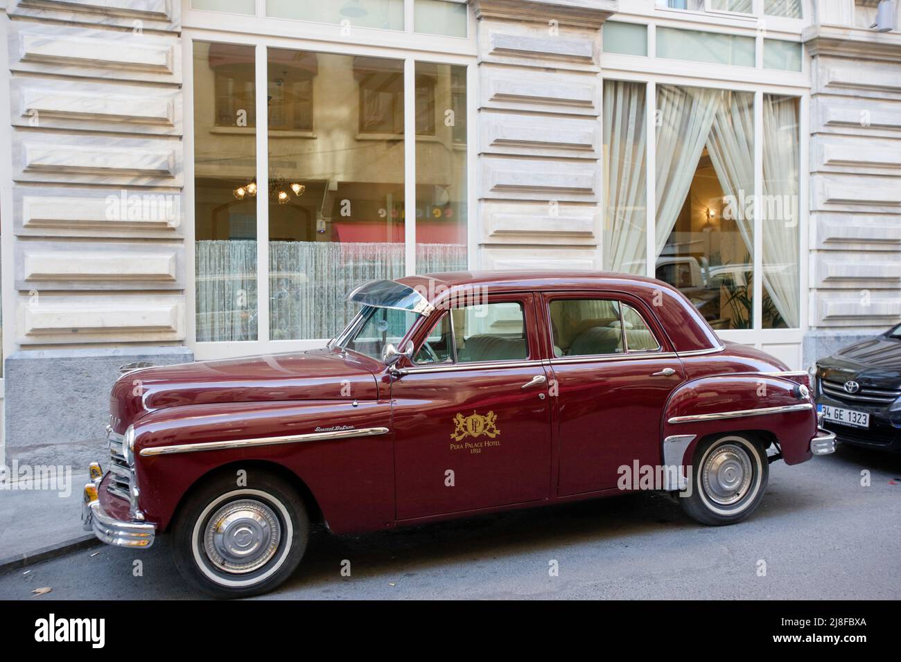 Classic Chrysler Plymouth Car for Airport pickup of clients Pera Palace Hotel, Istanbul, Turkey. Stock Photo