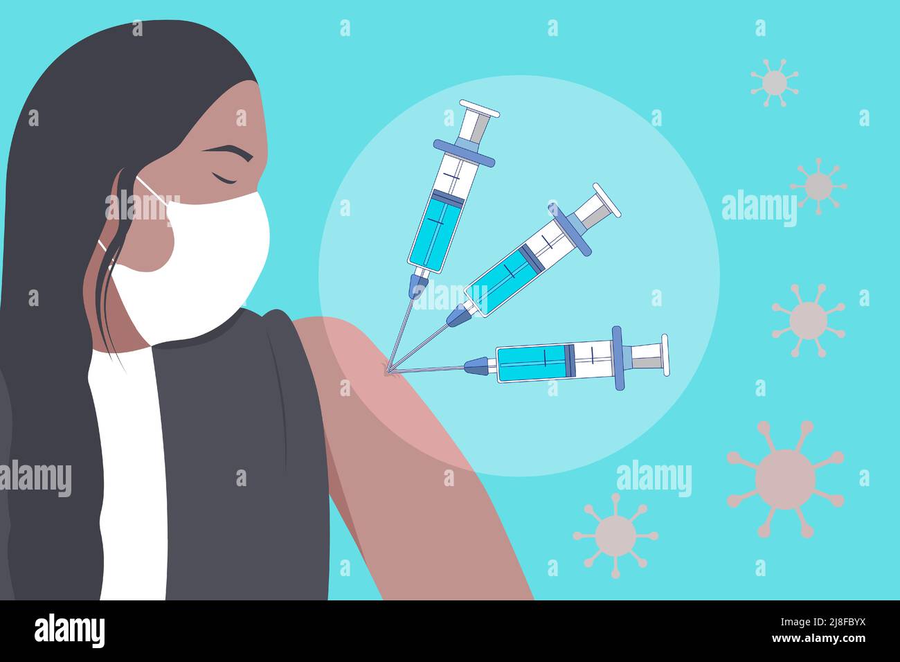 Get a booster dose of the COVID-19 vaccine. Coronavirus vaccination illustration. COVID-19 vaccine concept. A girl in a disposable medical mask, 3 syr Stock Vector