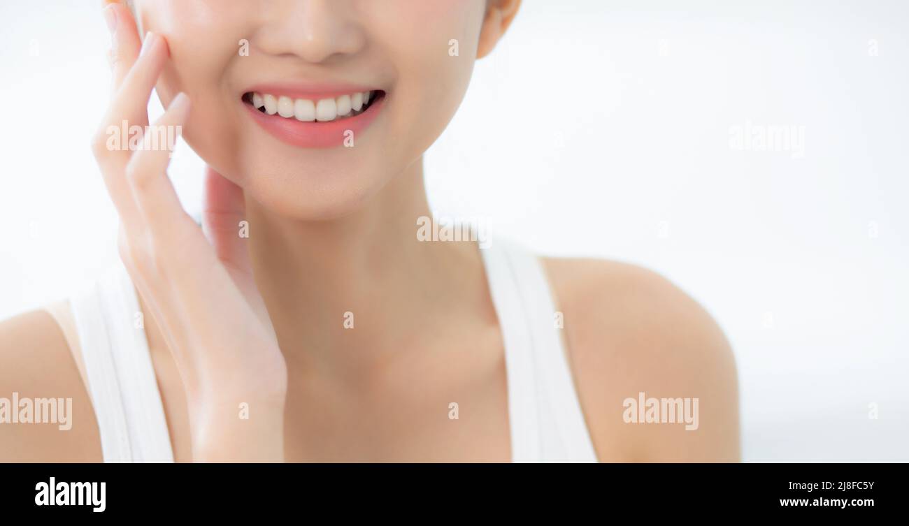 Closeup beautiful teeth of young asian woman with whitening, tooth and