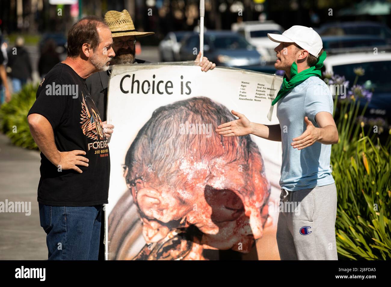 Los Angeles, California, USA - May 14, 2022: Activists debate abortion during a pro choice rally. Stock Photo