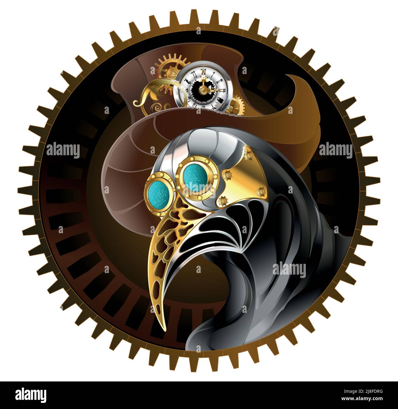 Artistically painted plague doctor in brown hat top hat decorated with gold gears and antique clock on brown background. Steampunk style. Stock Vector