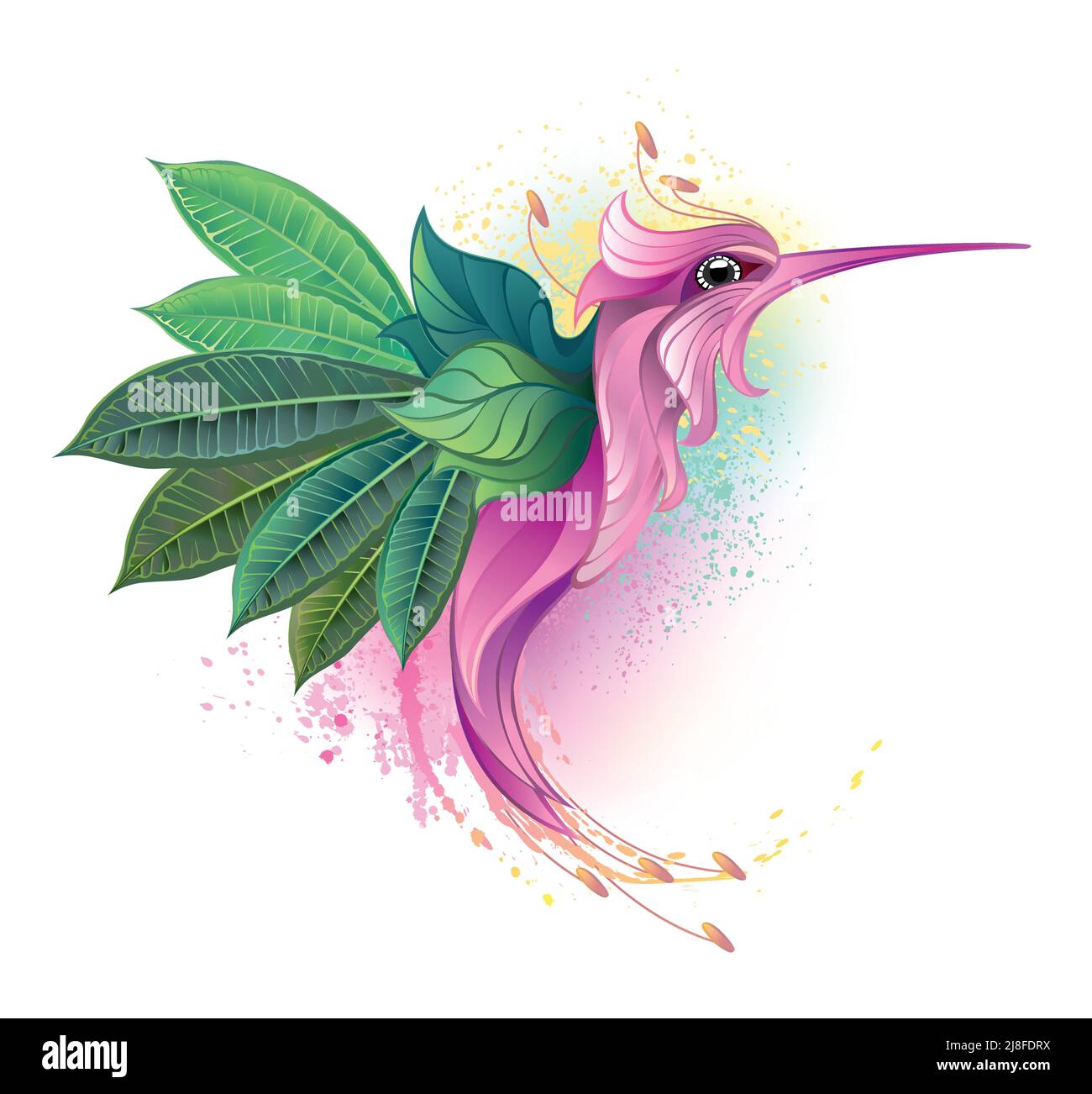 Artistically drawn, fictional hummingbird made from pink flower and with wings made from green, detailed plumeria leaves. Stock Vector