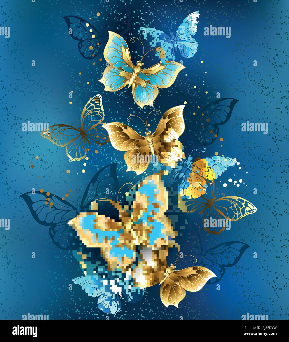 Composition of flying, jewelry, gold and dark butterflies on textured jewelry background. Golden butterfly. Stock Vector