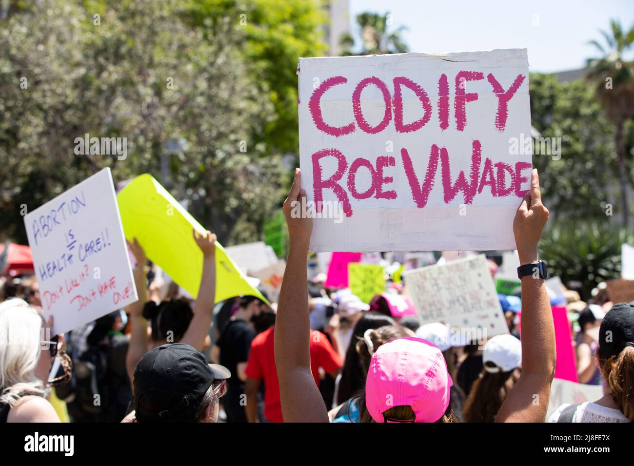 Los Angeles, California, USA - May 14, 2022: Activists protest the leaked Supreme Court opinion that would overturn Roe v Wade. Stock Photo