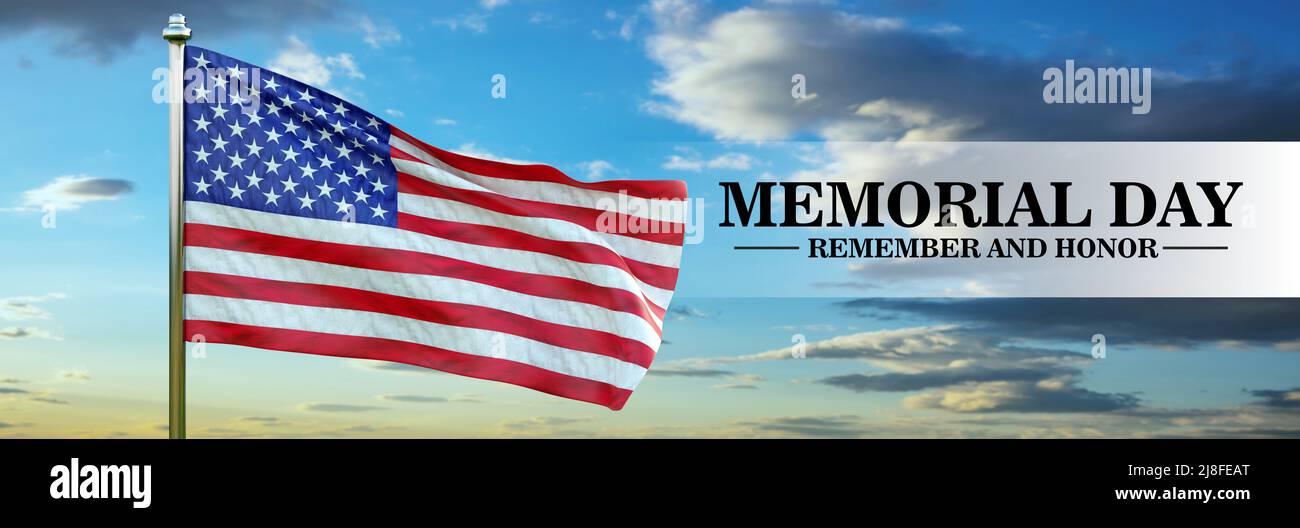 Memorial Day Remember and Honor text, America flag on blue cloudy sky ...