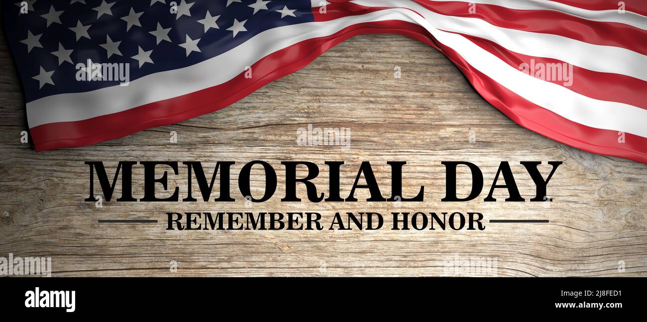 Memorial Day Remember and Honor text and America flag on wooden ...
