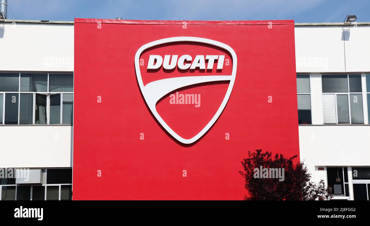 Bologna, Panigale Italy May 5, 2022 Headquarters of Ducati with big logo on the wall