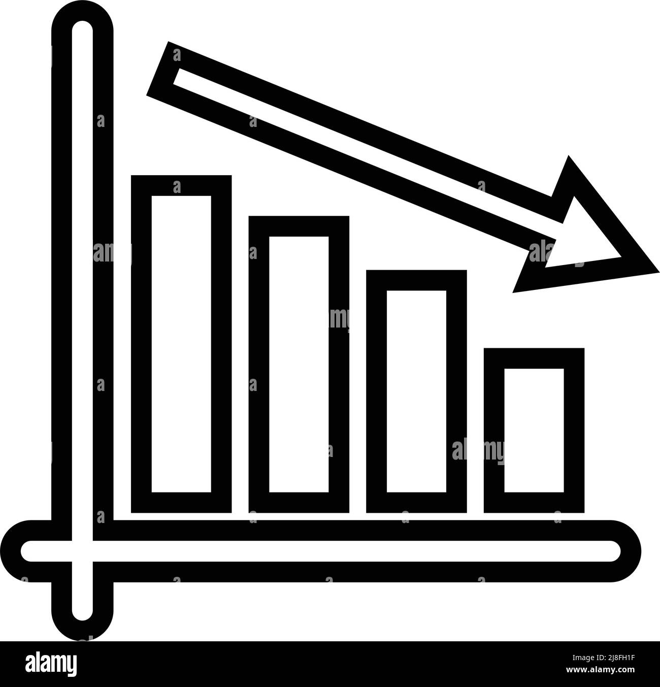 Decreasing arrow and bar graph icon. Vectors of business performance and investment results. Editable vector. Stock Vector