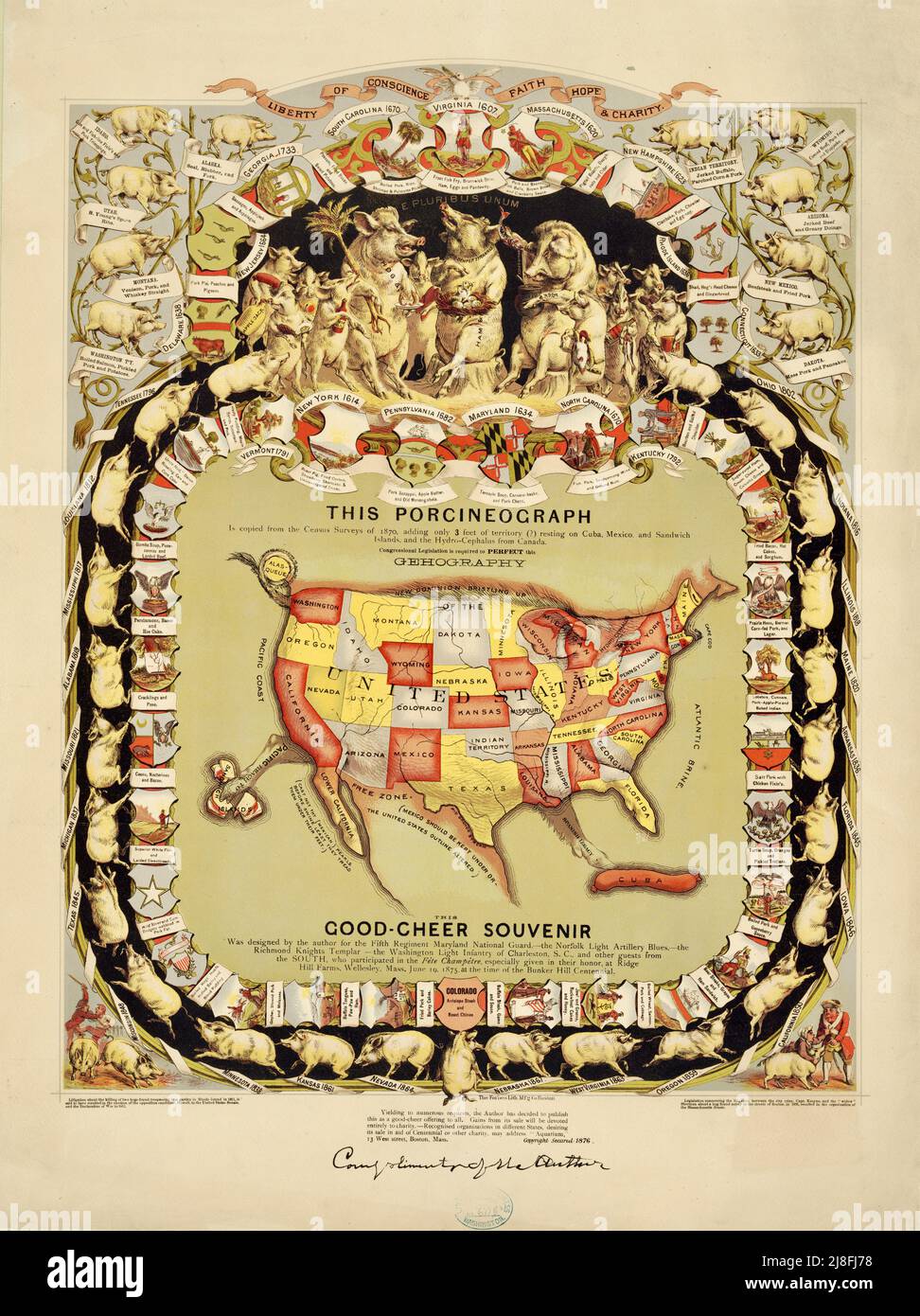 This Porcineograph - A map of the United States in the shape of a pig, surrounded by pigs representing the different states - 1876 Stock Photo