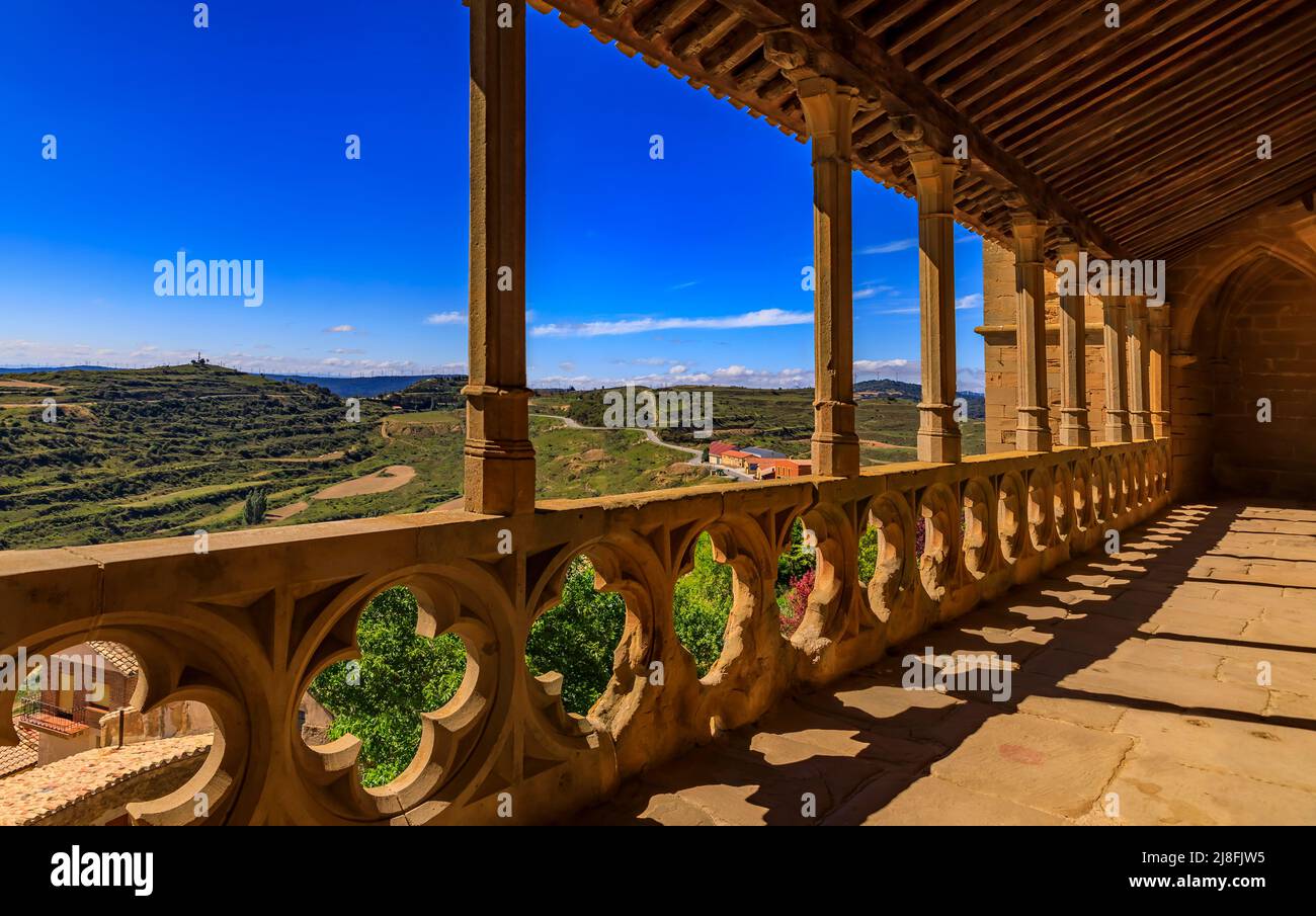 Ornate arcade at the Iglesia de Santa Maria, Romanesque and Gothic fortress church in Ujue, Spain with stunning views built between 11th -14th century Stock Photo