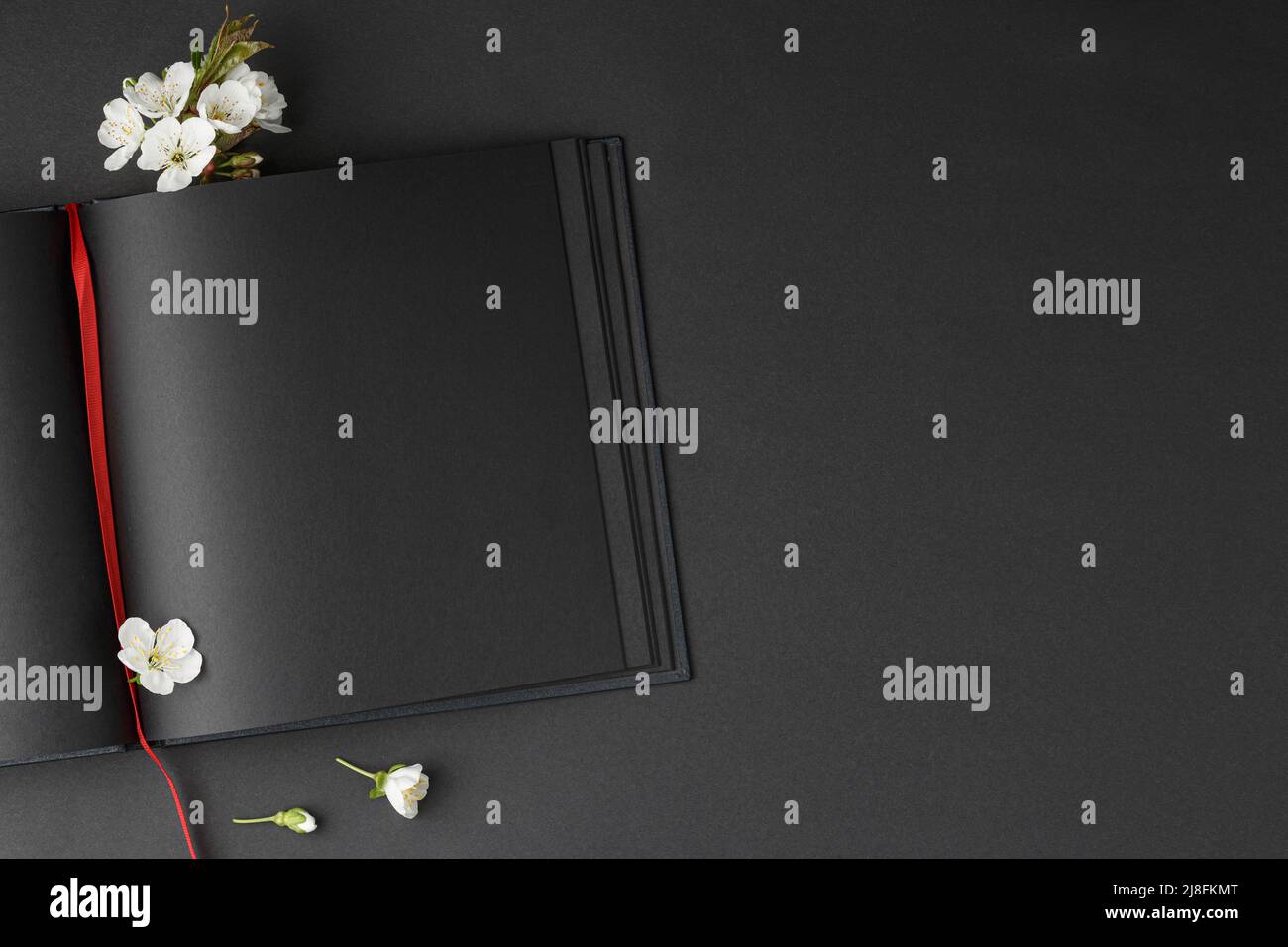 Cherry blossoms with an open black notebook Stock Photo