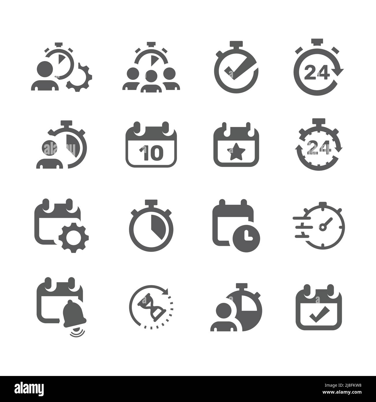 Date and time, calendar clock vector icon set. Man, manage hours filled icons Stock Vector Image