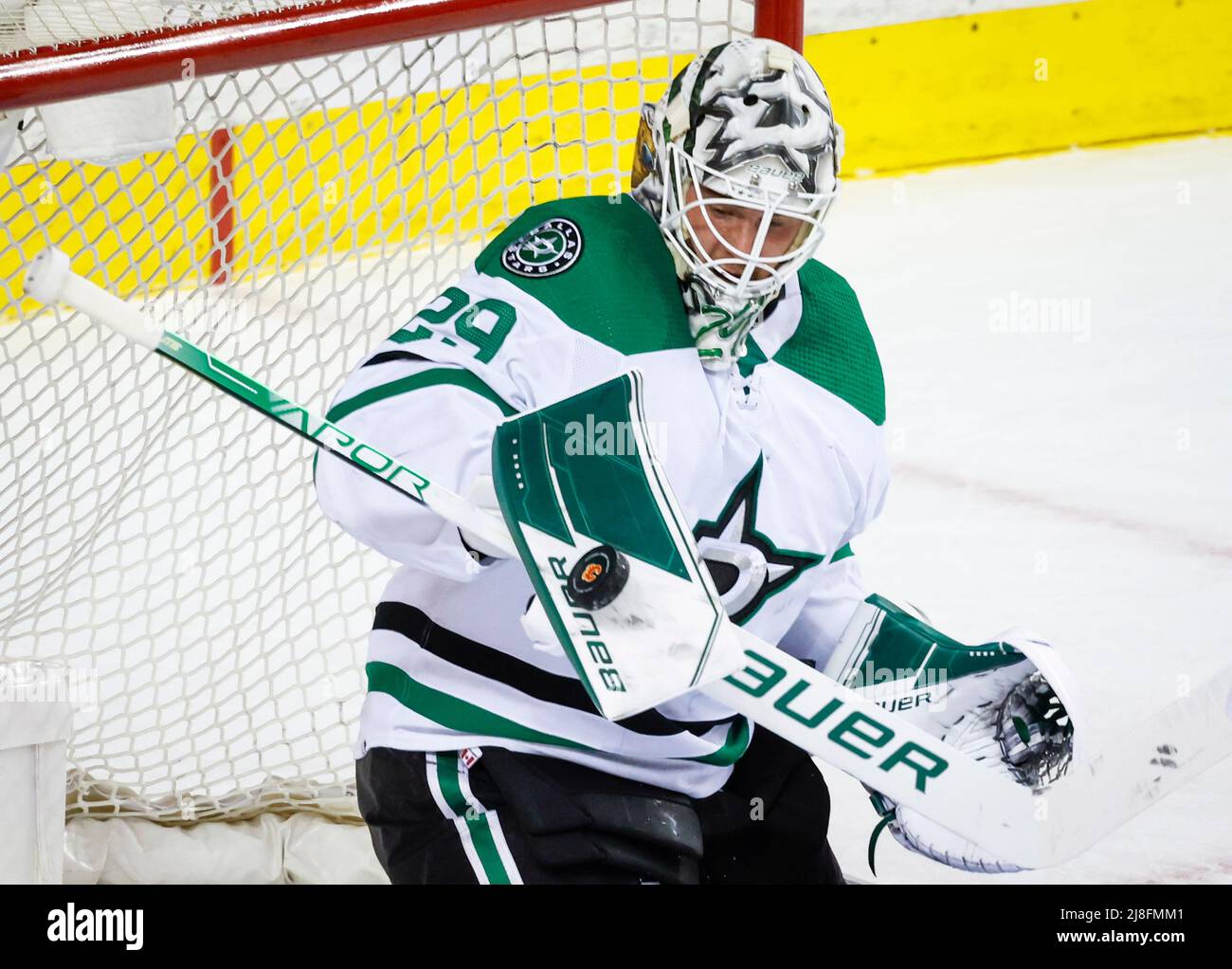 Dallas Stars goalie Jake Oettinger makes as save during first period